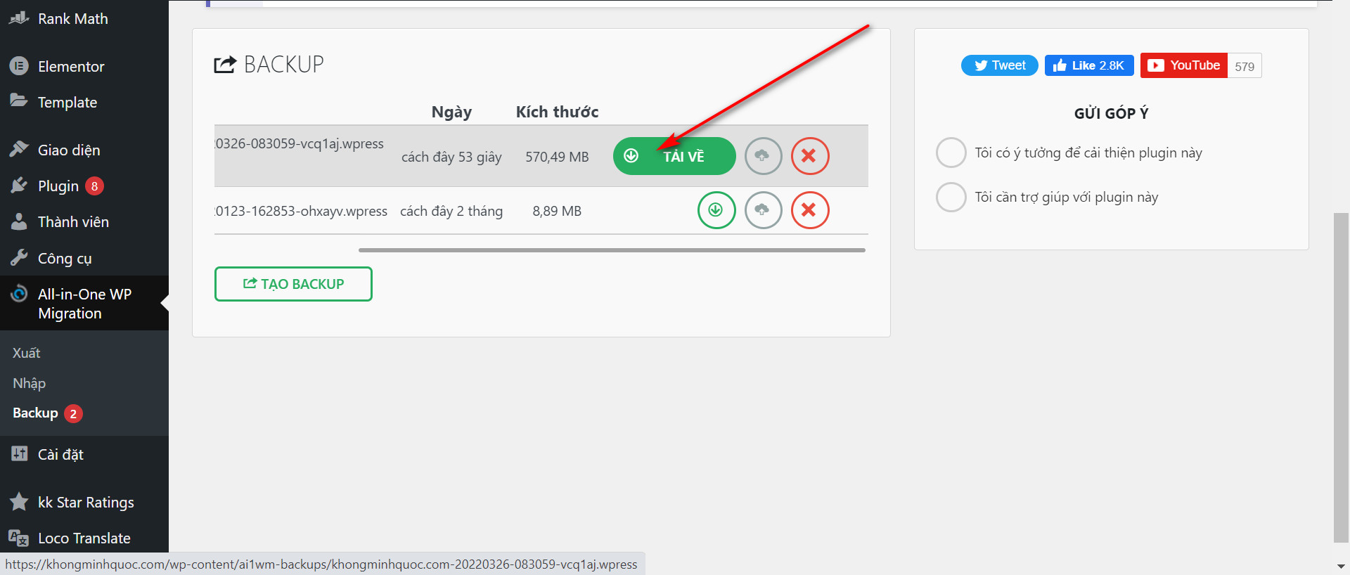 Hướng dẫn backup dữ liệu wordpress bằng plugin All In One 7 Tải bản backup về máy