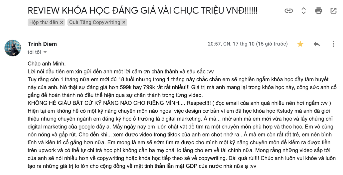 Đánh giá khóa học Upwork Minh Xin Chào của Diễm Trinh