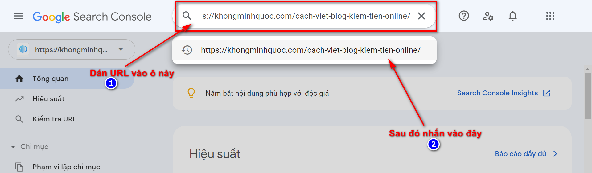 Dán URL vào Search Console và kiểm tra