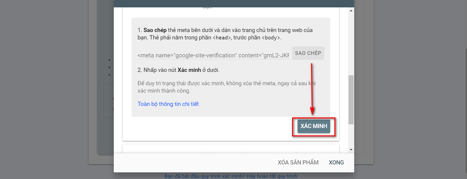 Nhấn xác minh tại Google Search Console