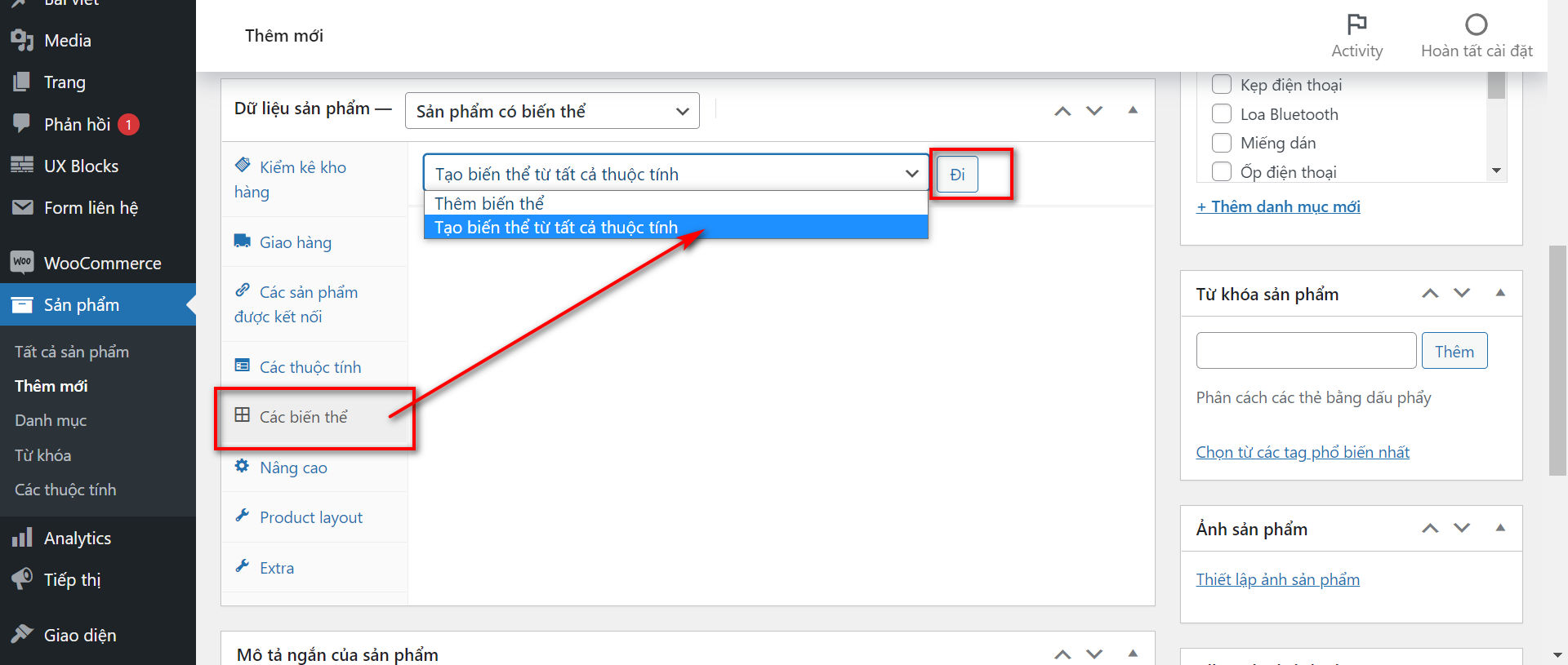 Tại tab có biến thể