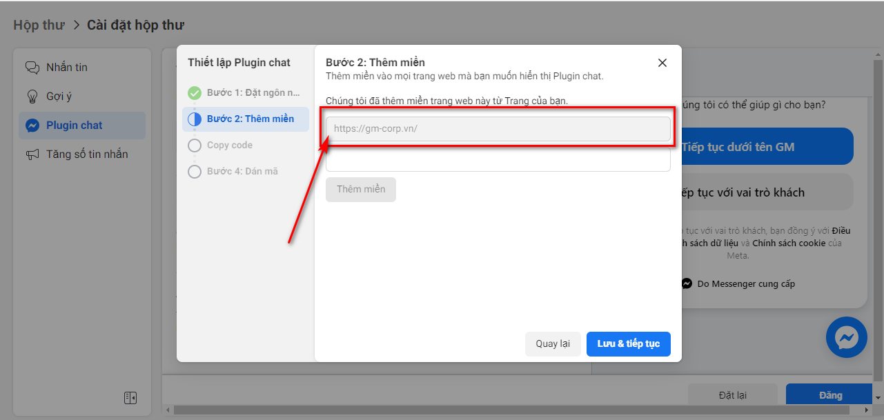 Thêm link website cần nhúng Messenger