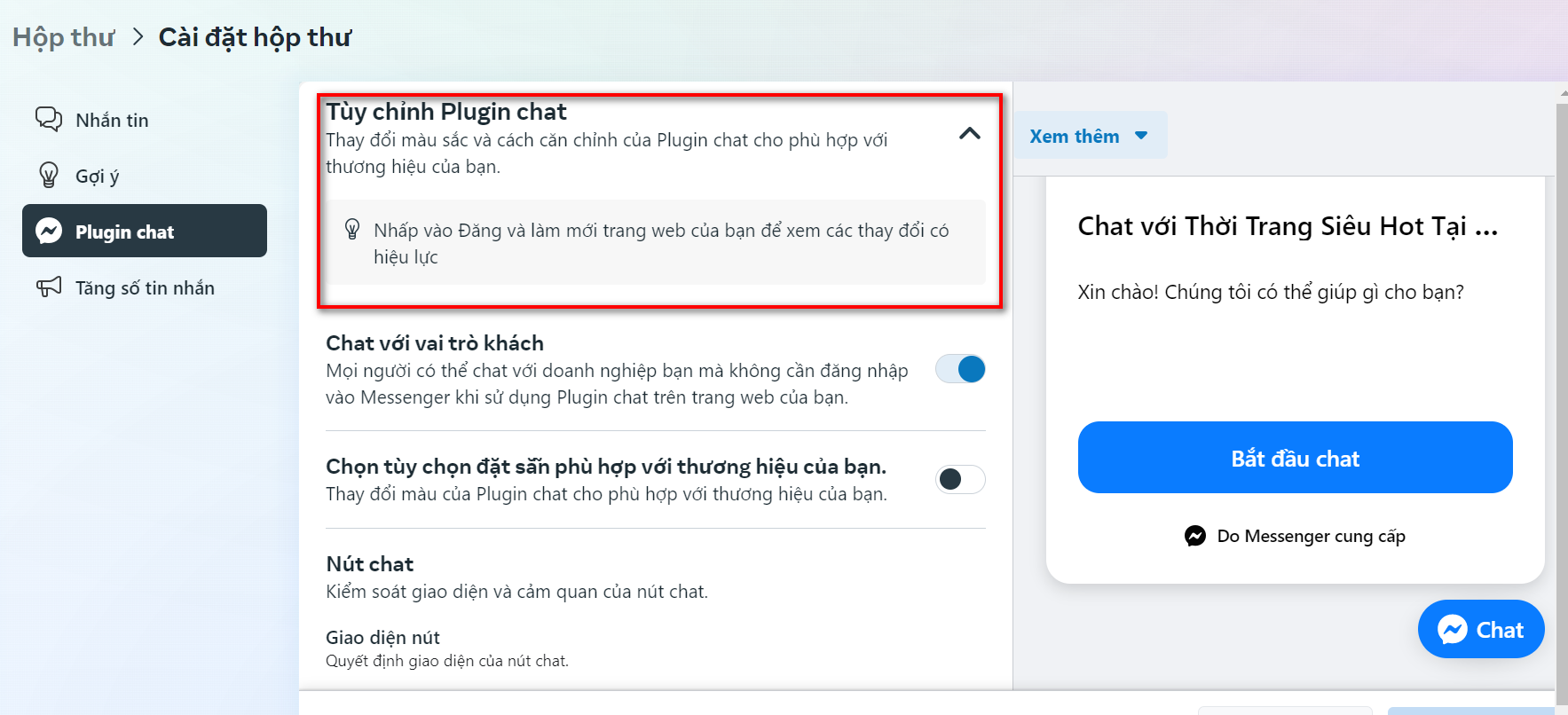 Tùy chỉnh plugin chat messenger trên web