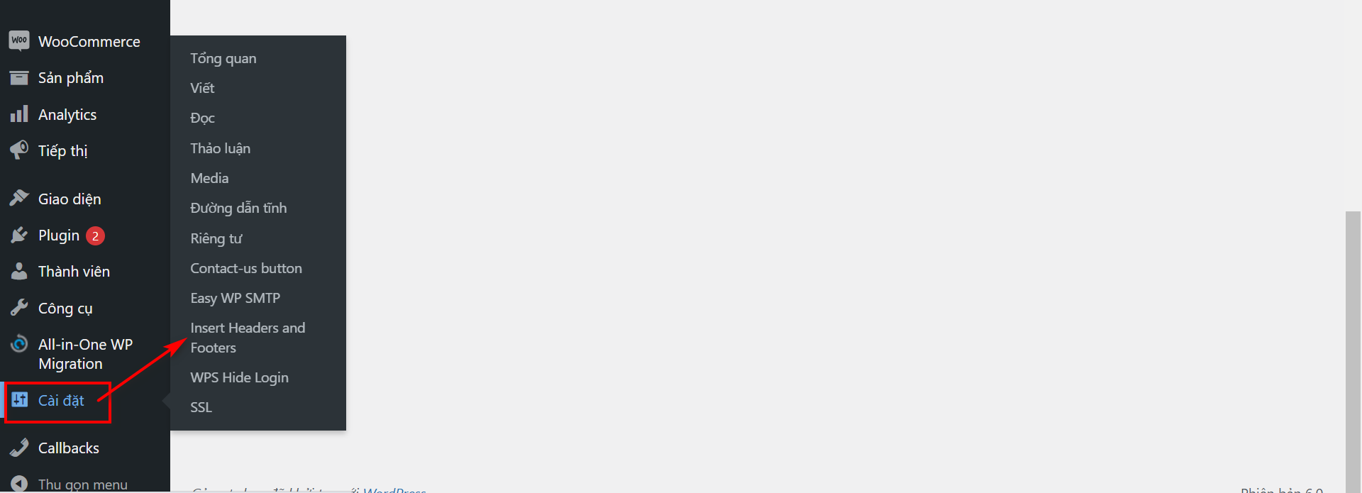 Vào phần cài đặt Header and Footer