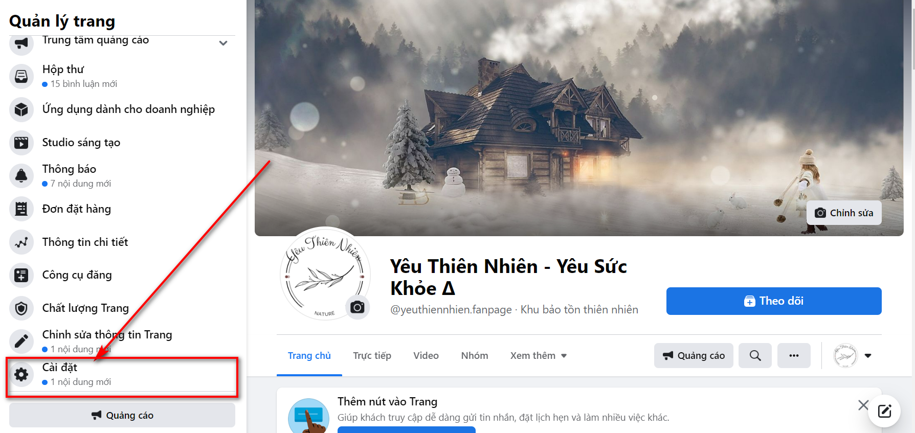 Vào phần cài đặt Fanpage