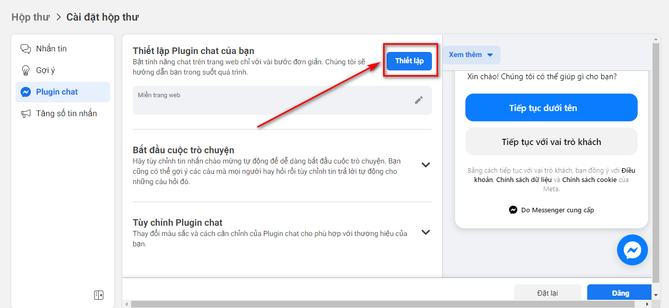 Vào phần thiết lập để lấy code