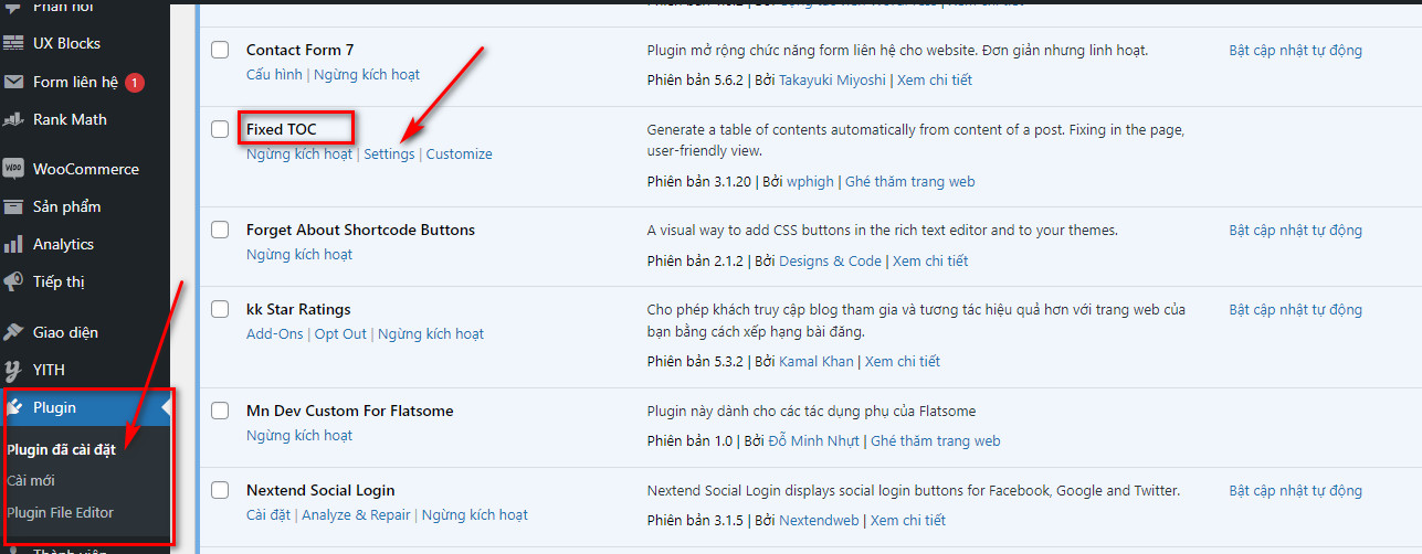 Thiết lập plugin Fixed Toc WordPress