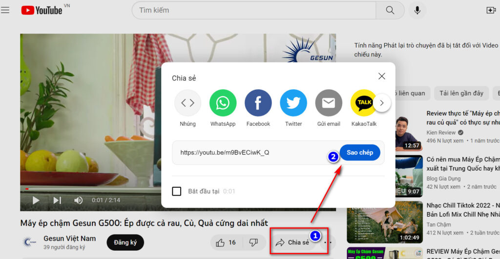 Copy Link chia sẻ video Youtube