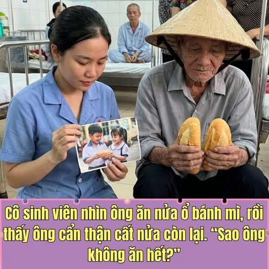 Cô sinh viên nhìn ông ăn nửa ổ bánh mì, rồi thấy ông cẩn thận cất nửa còn lại. “Sao ông không ăn hết?” 1 10